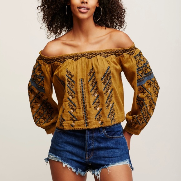 Free People Tops - Free People “All I Need” off the shoulder embroidered top in moss sz S